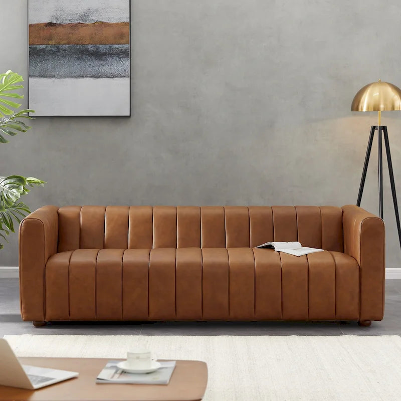 Mid-Century Full Grain Leather Sofa - Tufted Tan Couch with High-Density Foam, Removable Legs - Designer Living Room Furniture