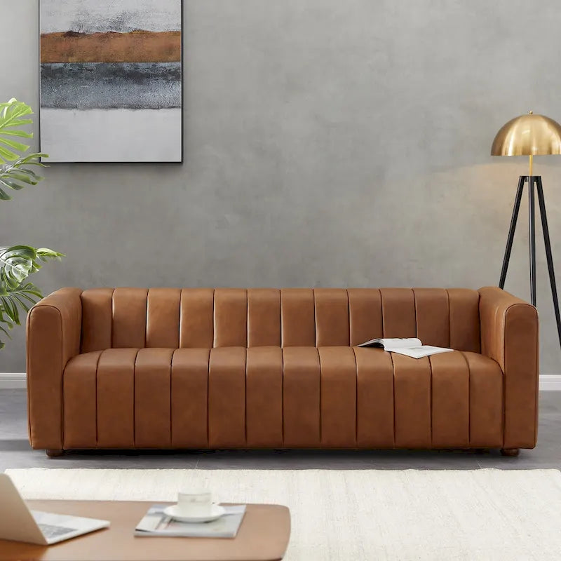Clarence Mid Century Full Grain Leather Designer Couch in Tan Color