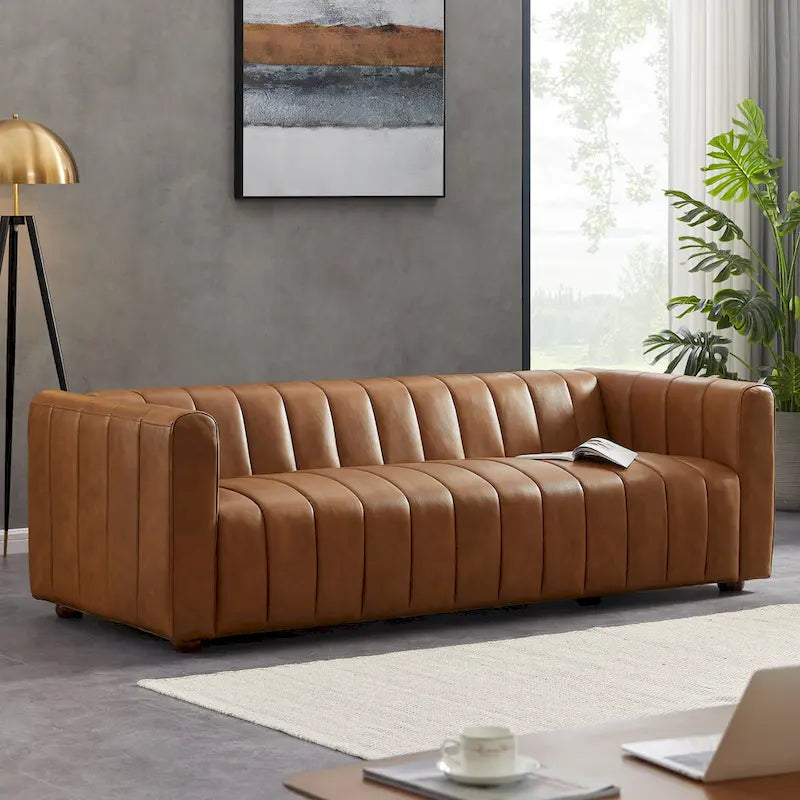 Mid-Century Full Grain Leather Sofa - Tufted Tan Couch with High-Density Foam, Removable Legs - Designer Living Room Furniture