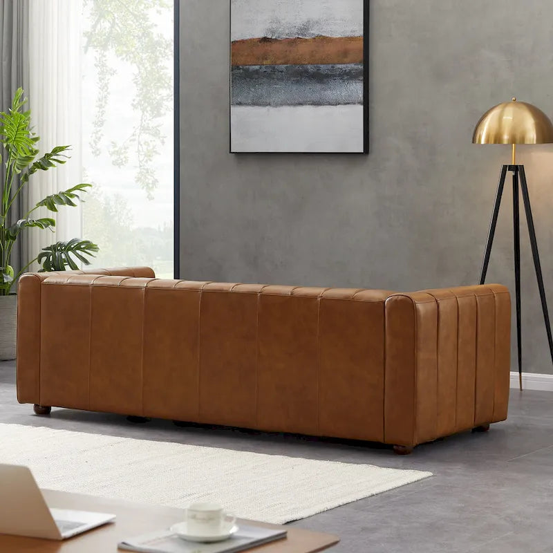 Mid-Century Full Grain Leather Sofa - Tufted Tan Couch with High-Density Foam, Removable Legs - Designer Living Room Furniture