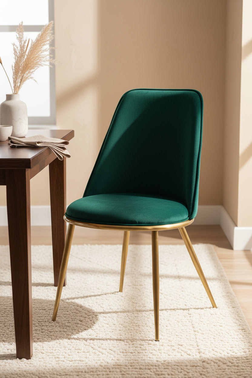 Green Velvet Dining Chairs Set of 2 with Gold Metal Legs - Round Seat Glam Style 20W x 23D x 34H