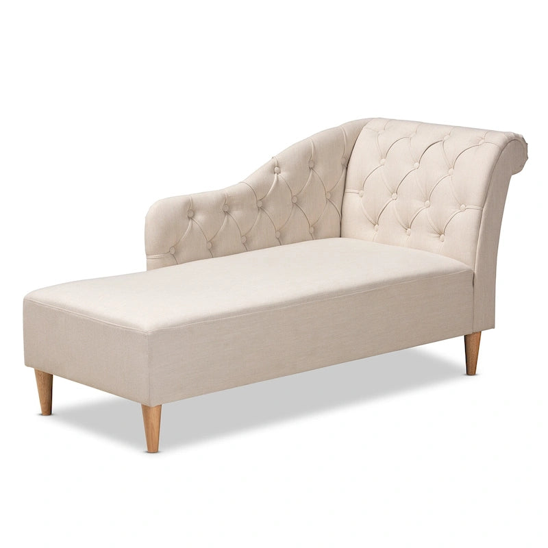 Button Tufted Chaise Lounge - Scroll Back, Oak Finish, Foam Padded, Beige/Gray (61.8" W x 31.1" H)