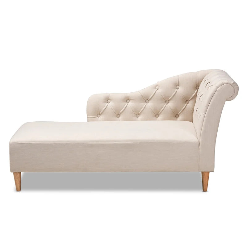 Button Tufted Chaise Lounge - Scroll Back, Oak Finish, Foam Padded, Beige/Gray (61.8" W x 31.1" H)