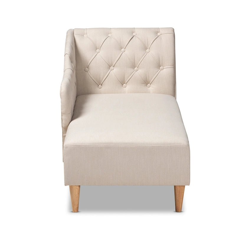 Button Tufted Chaise Lounge - Scroll Back, Oak Finish, Foam Padded, Beige/Gray (61.8" W x 31.1" H)