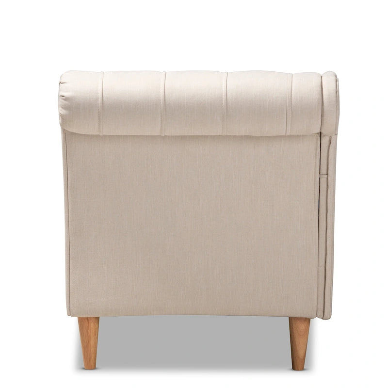 Button Tufted Chaise Lounge - Scroll Back, Oak Finish, Foam Padded, Beige/Gray (61.8" W x 31.1" H)