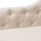 Button Tufted Chaise Lounge - Scroll Back, Oak Finish, Foam Padded, Beige/Gray (61.8" W x 31.1" H)