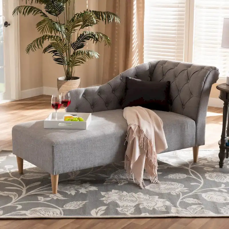 Button Tufted Chaise Lounge - Scroll Back, Oak Finish, Foam Padded, Beige/Gray (61.8" W x 31.1" H)