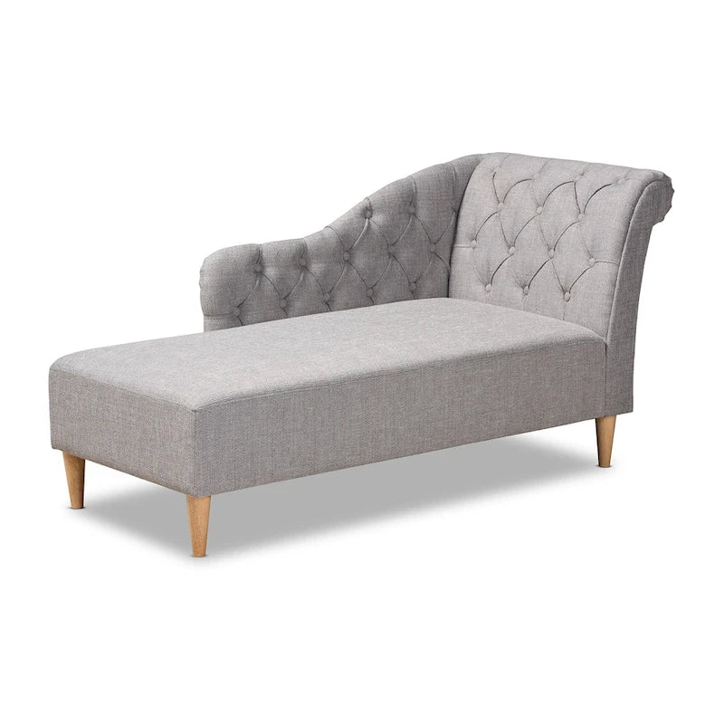 Button Tufted Chaise Lounge - Scroll Back, Oak Finish, Foam Padded, Beige/Gray (61.8" W x 31.1" H)