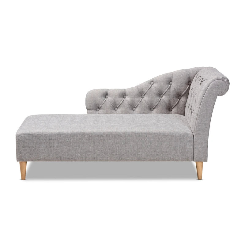 Button Tufted Chaise Lounge - Scroll Back, Oak Finish, Foam Padded, Beige/Gray (61.8" W x 31.1" H)
