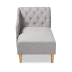 Button Tufted Chaise Lounge - Scroll Back, Oak Finish, Foam Padded, Beige/Gray (61.8" W x 31.1" H)