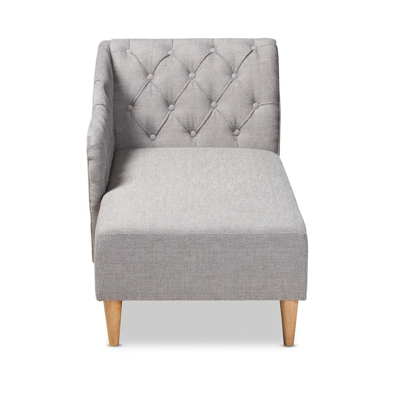 Button Tufted Chaise Lounge - Scroll Back, Oak Finish, Foam Padded, Beige/Gray (61.8" W x 31.1" H)