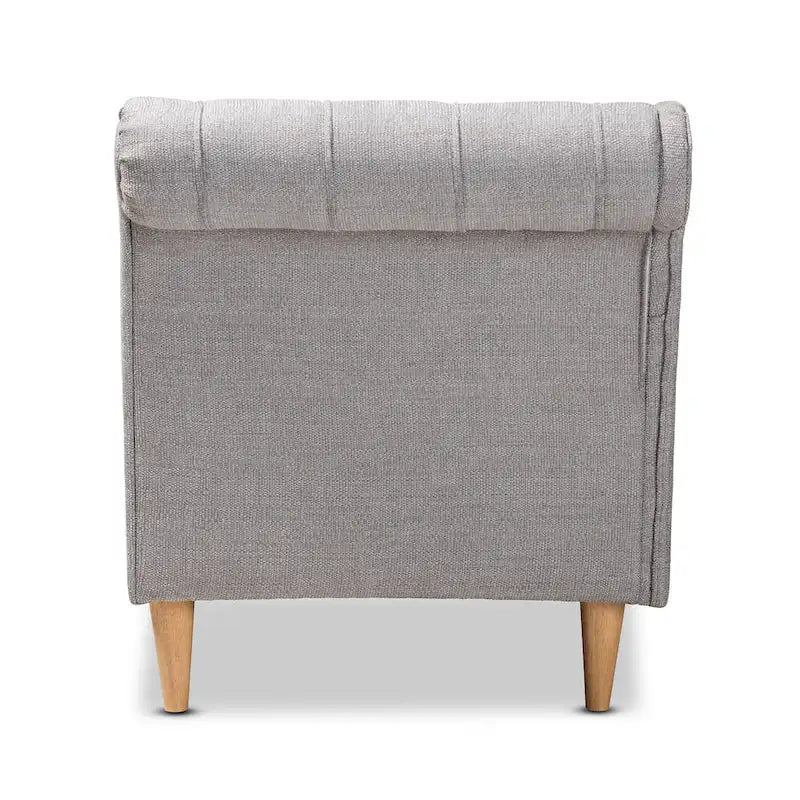 Button Tufted Chaise Lounge - Scroll Back, Oak Finish, Foam Padded, Beige/Gray (61.8" W x 31.1" H)