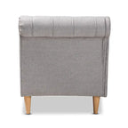 Button Tufted Chaise Lounge - Scroll Back, Oak Finish, Foam Padded, Beige/Gray (61.8" W x 31.1" H)