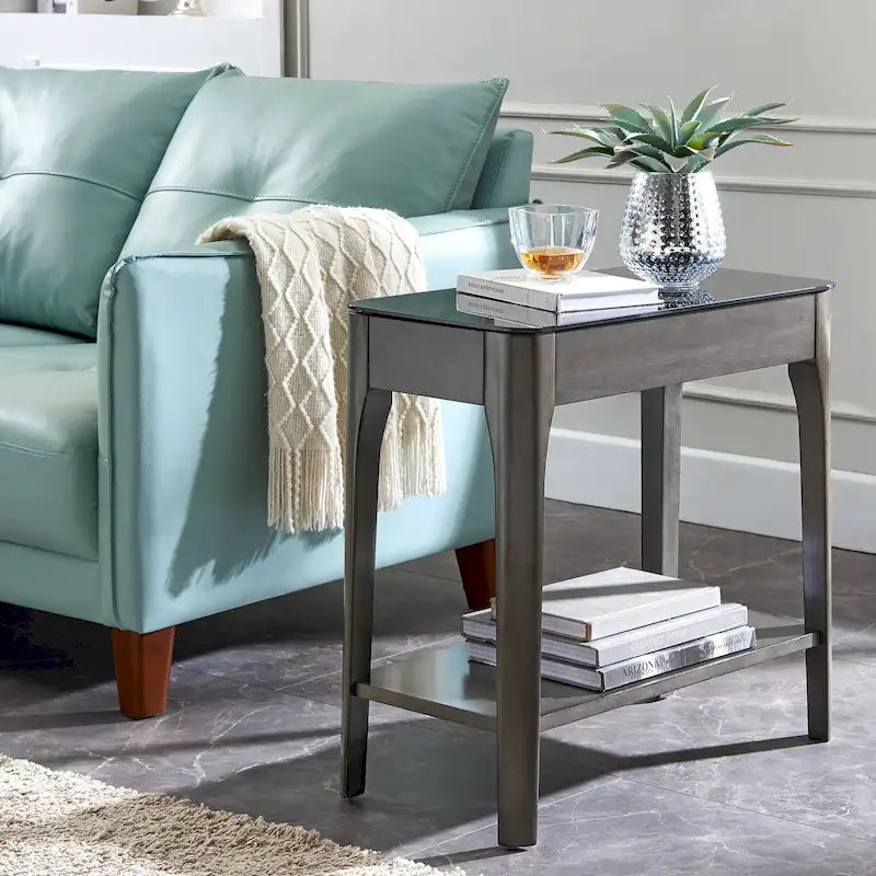 Narrow End Table with Black Tempered Glass Top - Modern Side Table 24H x 12W x 17D - Hardwood & Birch Veneer - Grey/Brown