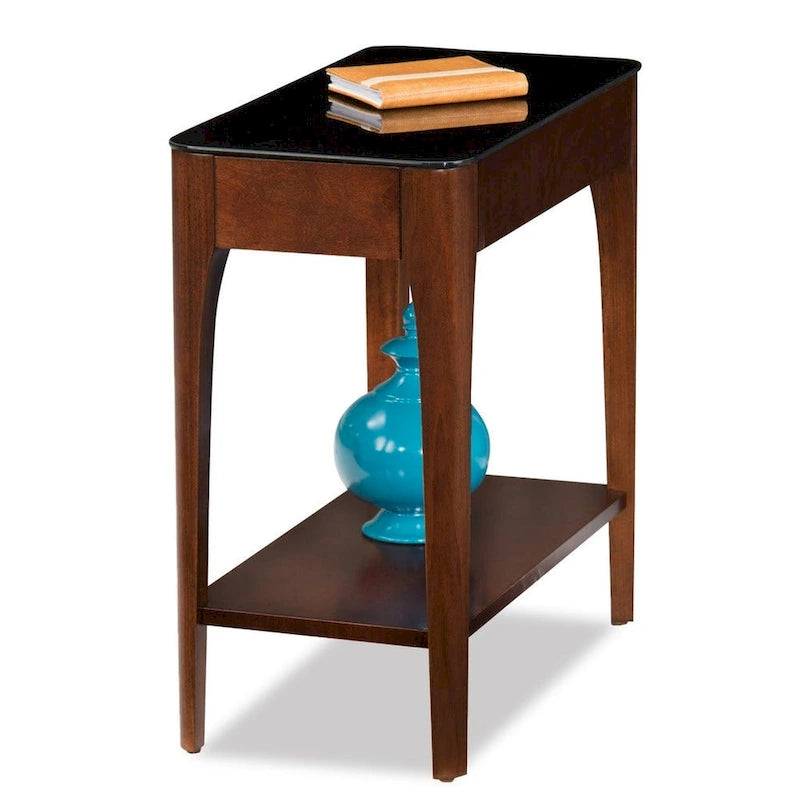 Narrow End Table with Black Tempered Glass Top - Modern Side Table 24H x 12W x 17D - Hardwood & Birch Veneer - Grey/Brown