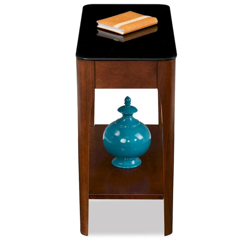Narrow End Table with Black Tempered Glass Top - Modern Side Table 24H x 12W x 17D - Hardwood & Birch Veneer - Grey/Brown