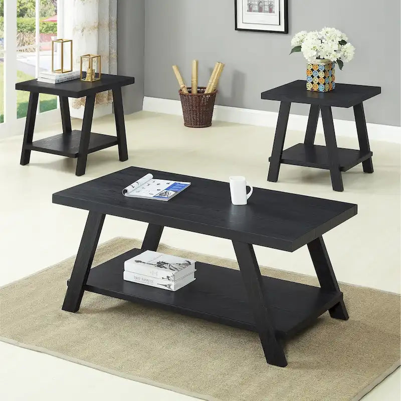 Rustic Contemporary 3-Piece Coffee & Side Table Set with Storage Shelves - Engineered Wood - Multiple Finishes