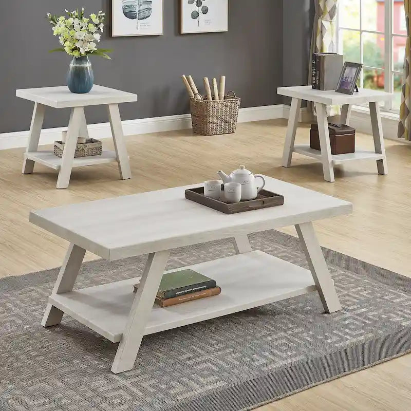Rustic Contemporary 3-Piece Coffee & Side Table Set with Storage Shelves - Engineered Wood - Multiple Finishes