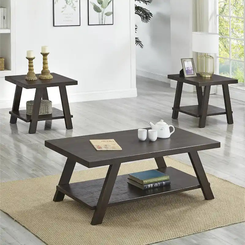 Rustic Contemporary 3-Piece Coffee & Side Table Set with Storage Shelves - Engineered Wood - Multiple Finishes