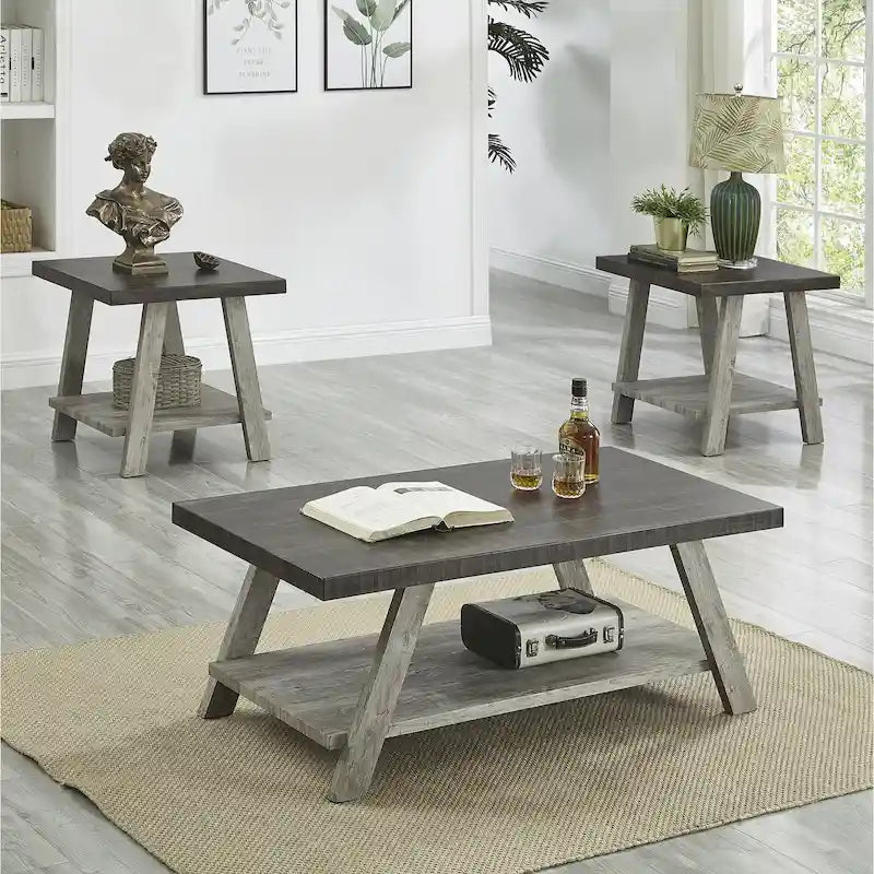 Rustic Contemporary 3-Piece Coffee & Side Table Set with Storage Shelves - Engineered Wood - Multiple Finishes