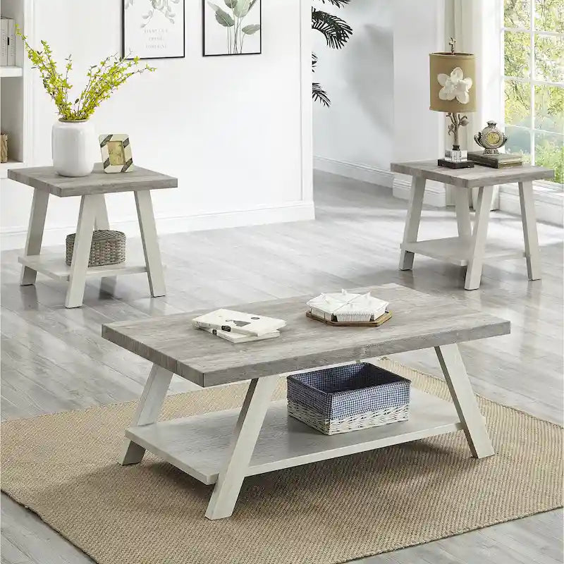 Rustic Contemporary 3-Piece Coffee & Side Table Set with Storage Shelves - Engineered Wood - Multiple Finishes