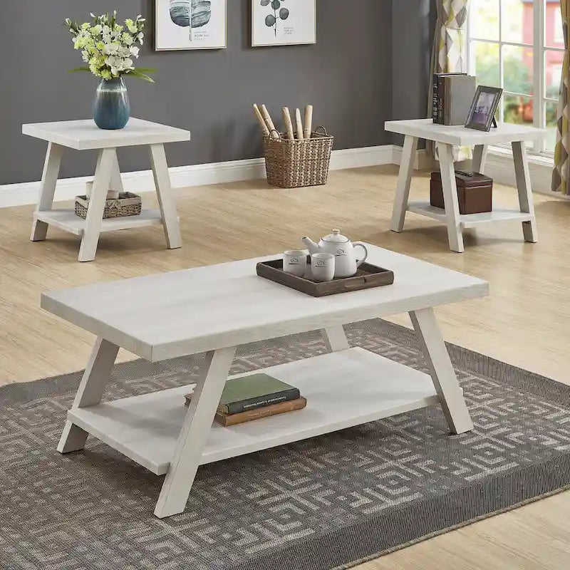 Rustic Contemporary 3-Piece Coffee & Side Table Set with Storage Shelves - Engineered Wood - Multiple Finishes