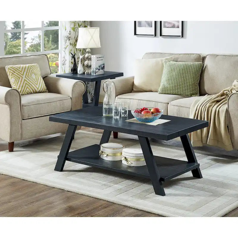 Rustic Contemporary 3-Piece Coffee & Side Table Set with Storage Shelves - Engineered Wood - Multiple Finishes