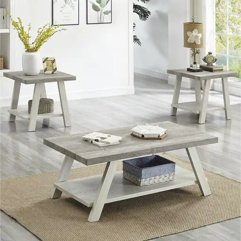 Rustic Contemporary 3-Piece Coffee & Side Table Set with Storage Shelves - Engineered Wood - Multiple Finishes