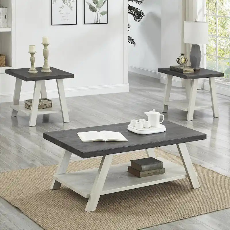 Rustic Contemporary 3-Piece Coffee & Side Table Set with Storage Shelves - Engineered Wood - Multiple Finishes