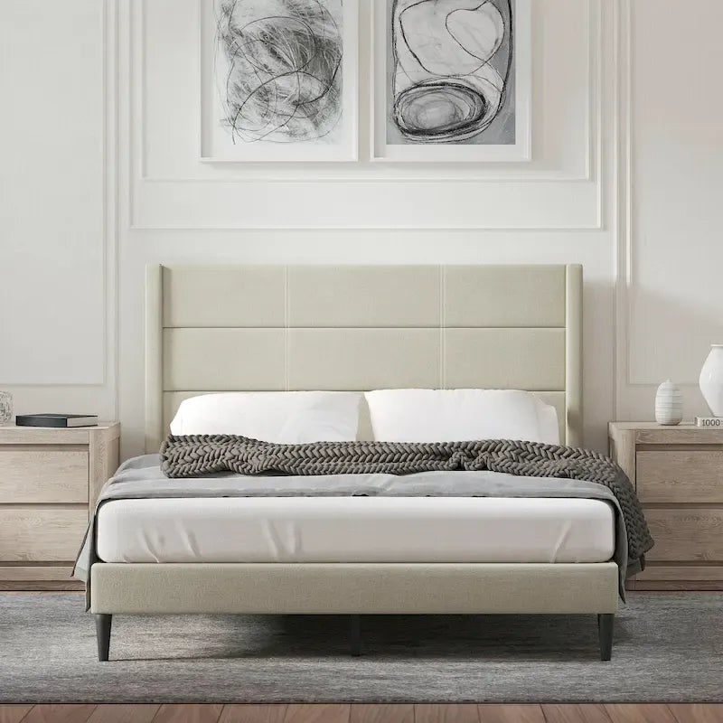 Upholstered Platform Bed Wingback Headboard Transitional Style No Box Spring Required