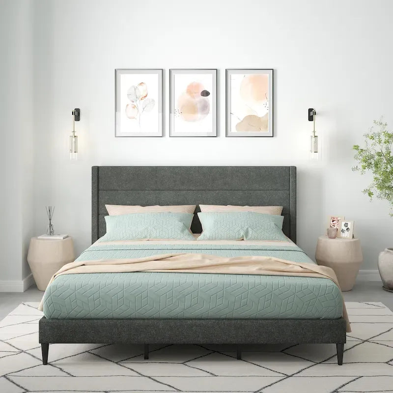 Upholstered Platform Bed Wingback Headboard Transitional Style No Box Spring Required