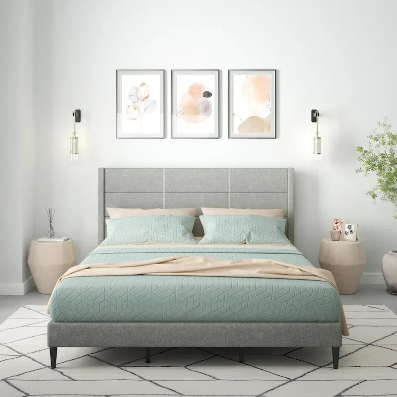 Upholstered Platform Bed Wingback Headboard Transitional Style No Box Spring Required