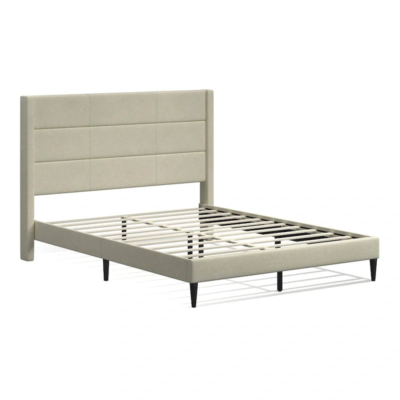Upholstered Platform Bed Wingback Headboard Transitional Style No Box Spring Required