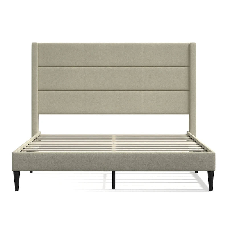 Upholstered Platform Bed Wingback Headboard Transitional Style No Box Spring Required