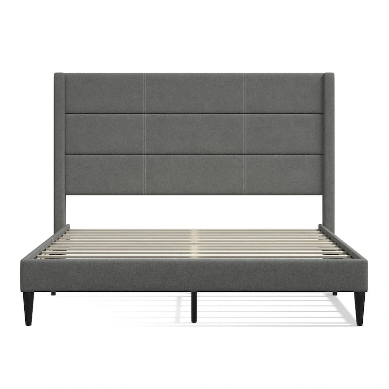 Upholstered Platform Bed Wingback Headboard Transitional Style No Box Spring Required
