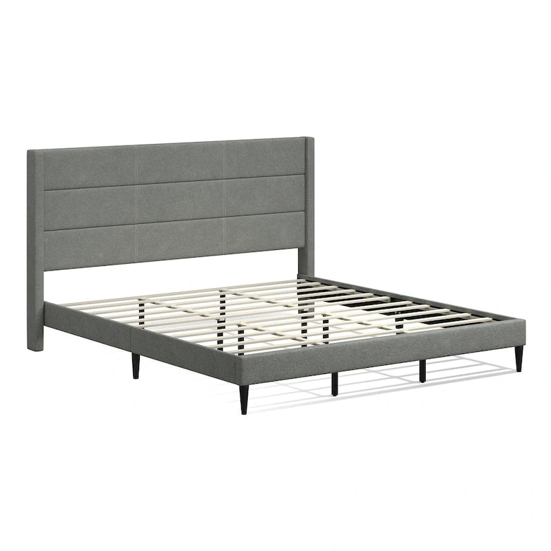 Upholstered Platform Bed Wingback Headboard Transitional Style No Box Spring Required