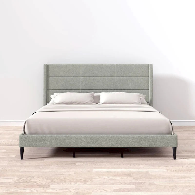 Upholstered Platform Bed Wingback Headboard Transitional Style No Box Spring Required