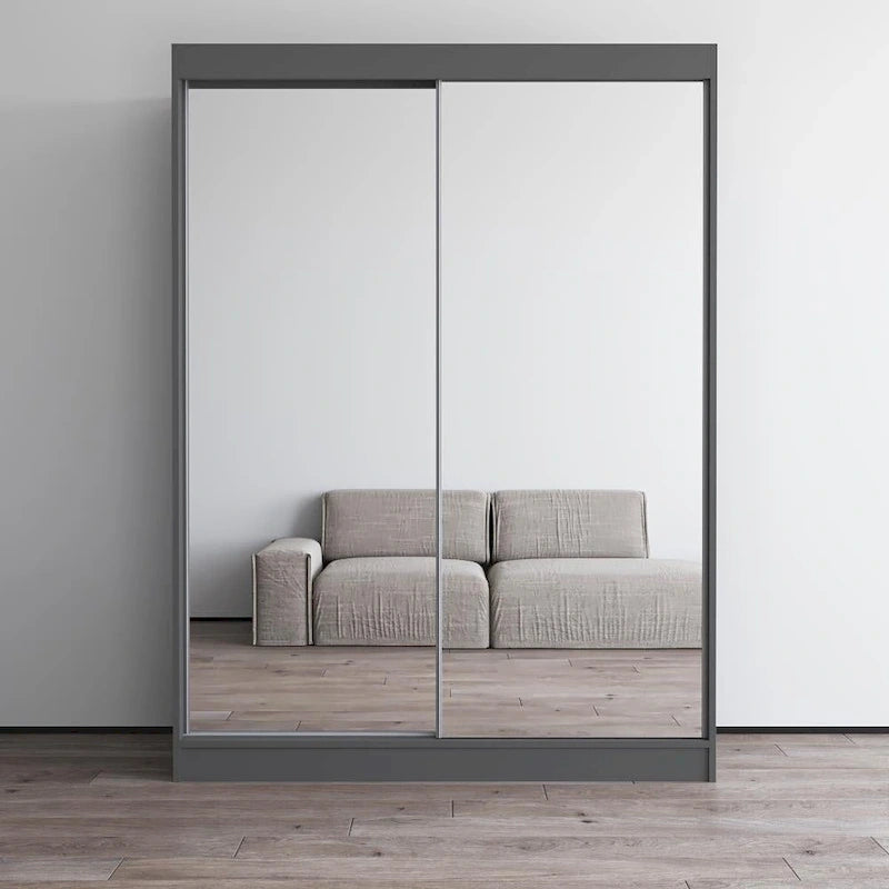 Modern Mirrored 2-Door Wardrobe Armoire - High-Gloss Finish, 6 Shelves, Hanging Rod - 47"W x 79"H Contemporary Storage