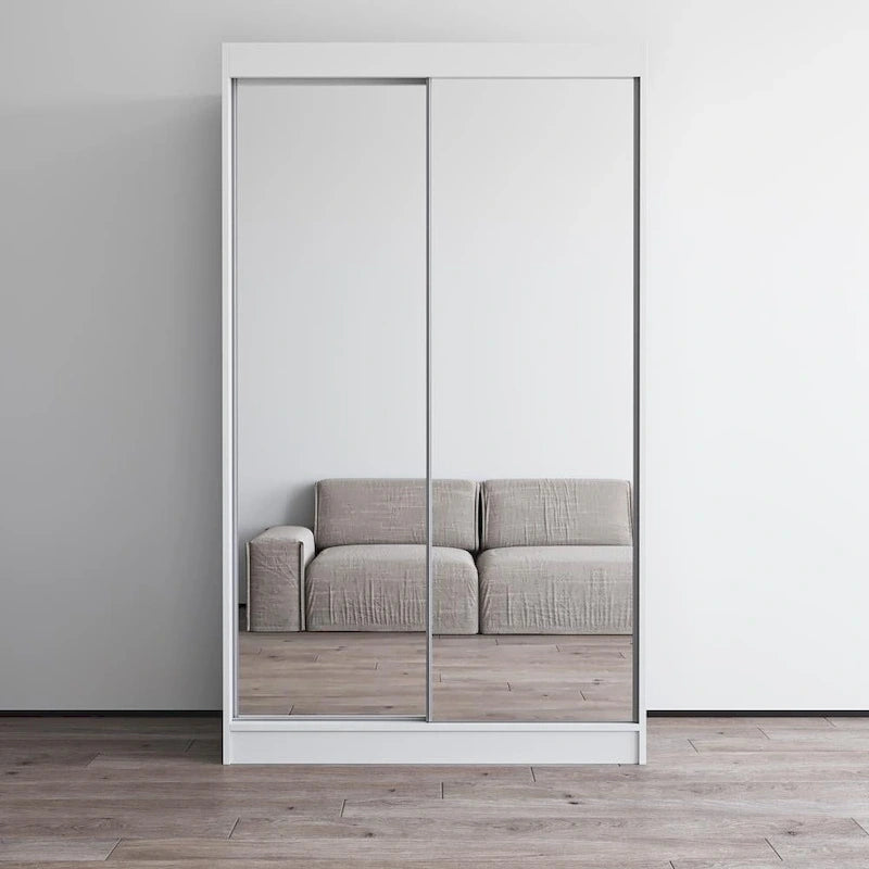 Modern Mirrored 2-Door Wardrobe Armoire - High-Gloss Finish, 6 Shelves, Hanging Rod - 47"W x 79"H Contemporary Storage