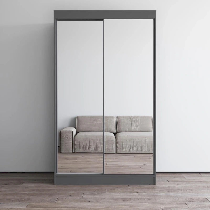 Modern Mirrored 2-Door Wardrobe Armoire - High-Gloss Finish, 6 Shelves, Hanging Rod - 47"W x 79"H Contemporary Storage