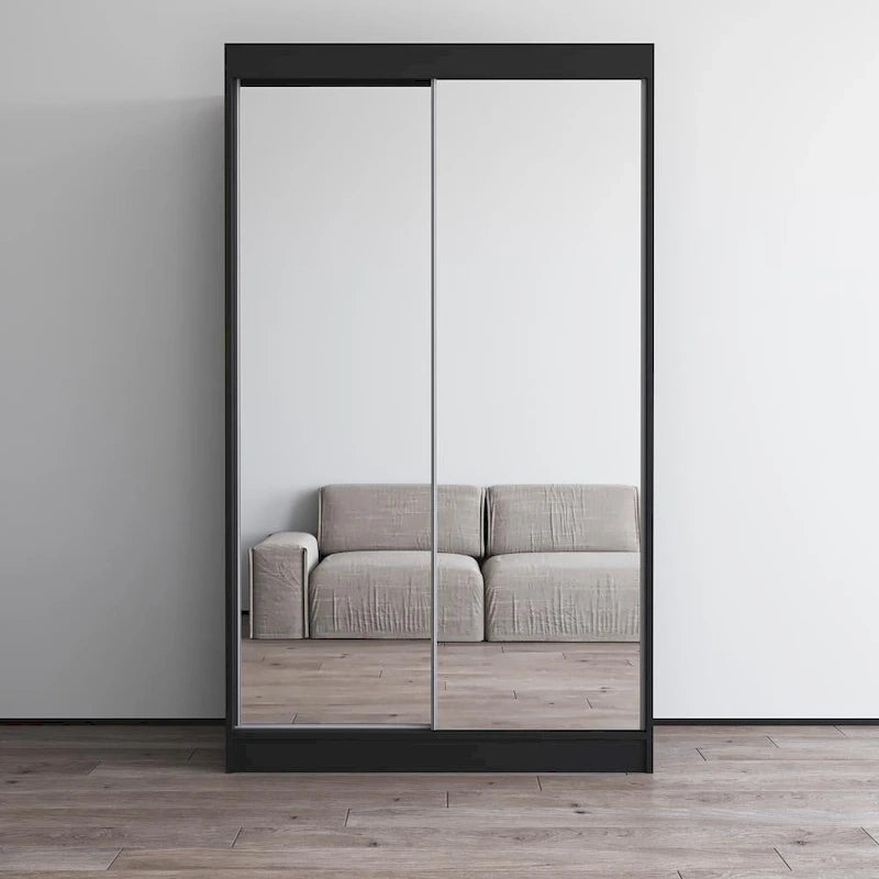 Modern Mirrored 2-Door Wardrobe Armoire - High-Gloss Finish, 6 Shelves, Hanging Rod - 47"W x 79"H Contemporary Storage