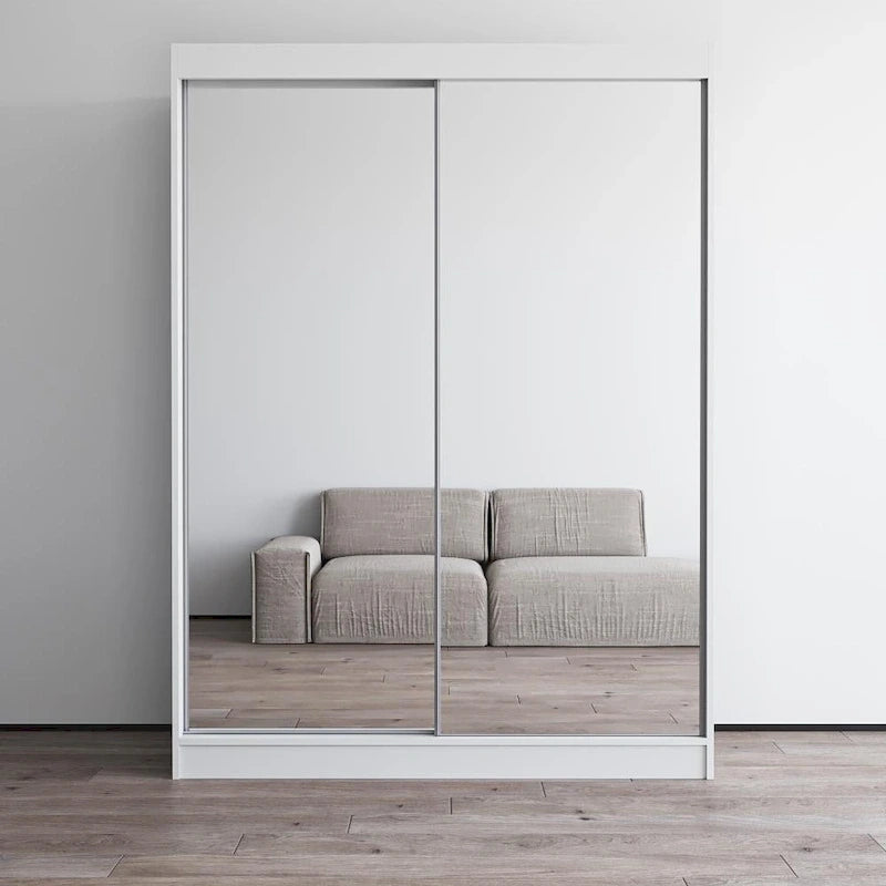 Modern Mirrored 2-Door Wardrobe Armoire - High-Gloss Finish, 6 Shelves, Hanging Rod - 47"W x 79"H Contemporary Storage