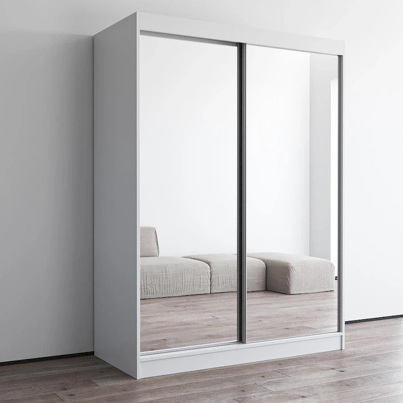 Modern Mirrored 2-Door Wardrobe Armoire - High-Gloss Finish, 6 Shelves, Hanging Rod - 47"W x 79"H Contemporary Storage