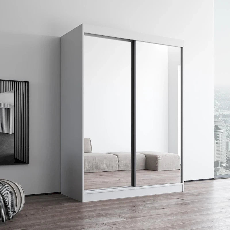 Modern Mirrored 2-Door Wardrobe Armoire - High-Gloss Finish, 6 Shelves, Hanging Rod - 47"W x 79"H Contemporary Storage