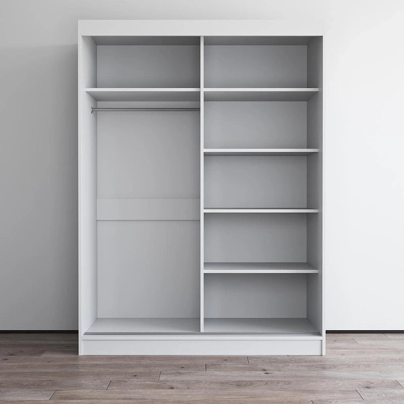 Modern Mirrored 2-Door Wardrobe Armoire - High-Gloss Finish, 6 Shelves, Hanging Rod - 47"W x 79"H Contemporary Storage