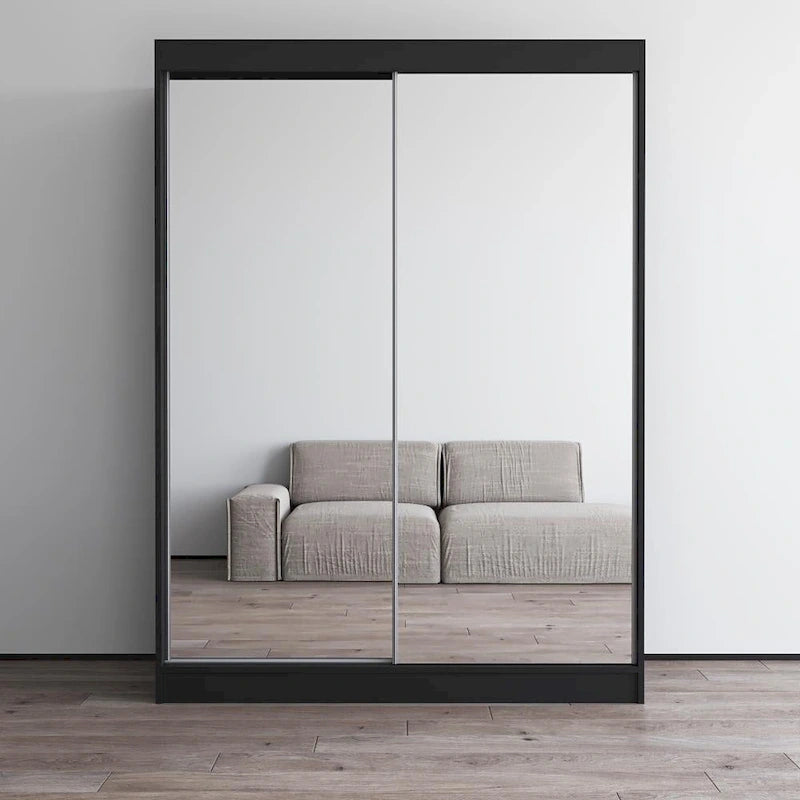 Modern Mirrored 2-Door Wardrobe Armoire - High-Gloss Finish, 6 Shelves, Hanging Rod - 47"W x 79"H Contemporary Storage