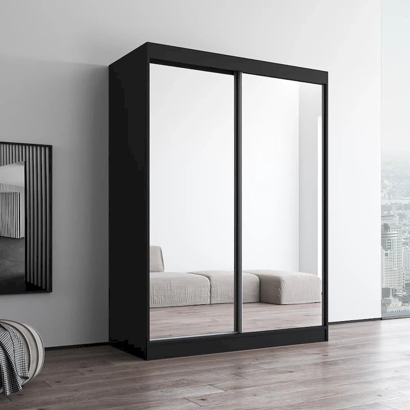 Modern Mirrored 2-Door Wardrobe Armoire - High-Gloss Finish, 6 Shelves, Hanging Rod - 47"W x 79"H Contemporary Storage