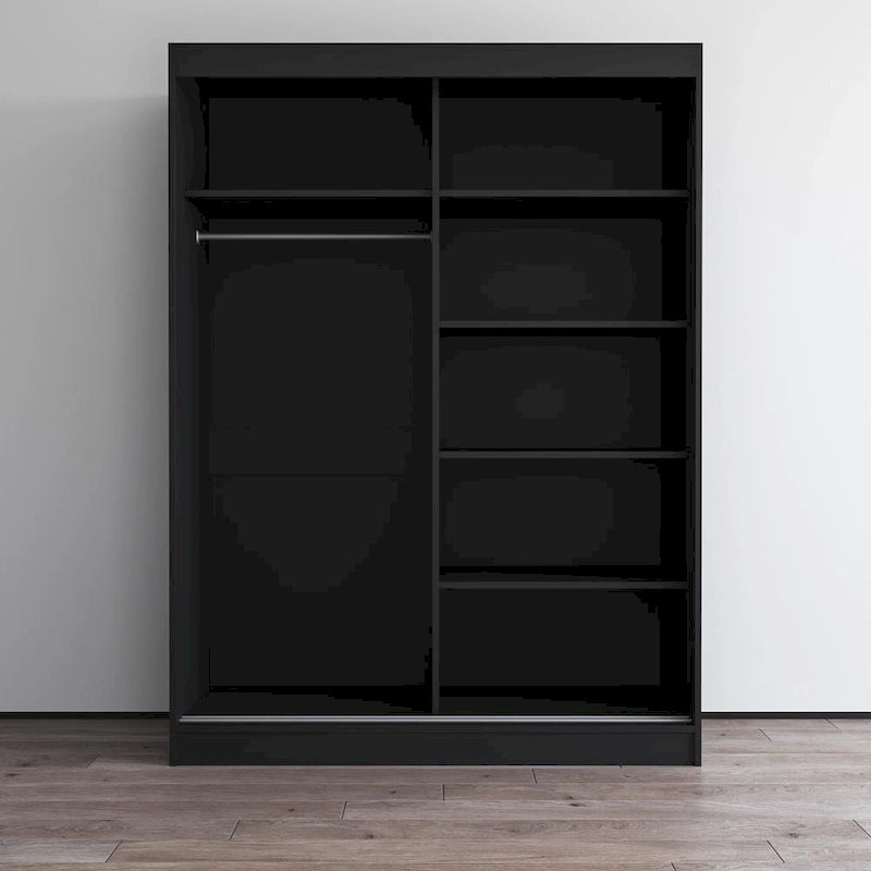 Modern Mirrored 2-Door Wardrobe Armoire - High-Gloss Finish, 6 Shelves, Hanging Rod - 47"W x 79"H Contemporary Storage