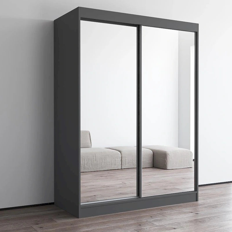 Modern Mirrored 2-Door Wardrobe Armoire - High-Gloss Finish, 6 Shelves, Hanging Rod - 47"W x 79"H Contemporary Storage