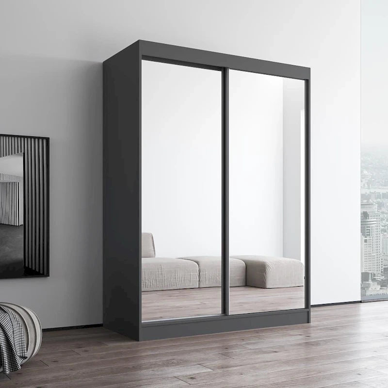 Modern Mirrored 2-Door Wardrobe Armoire - High-Gloss Finish, 6 Shelves, Hanging Rod - 47"W x 79"H Contemporary Storage
